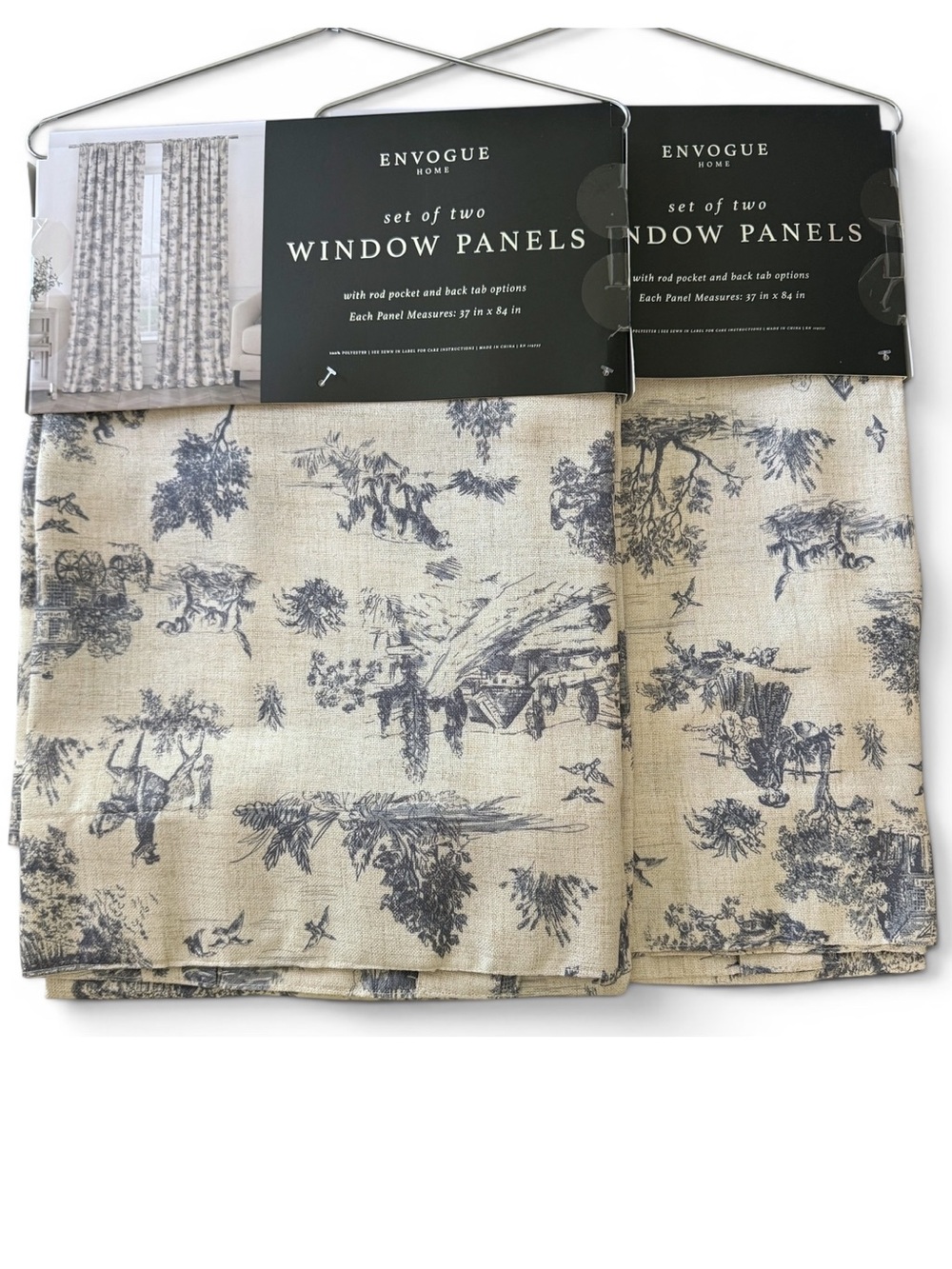 ENVOGUE Pastoral Country Toile Blue Natural Set of 4 Curtain Panels 37”x84” NEW